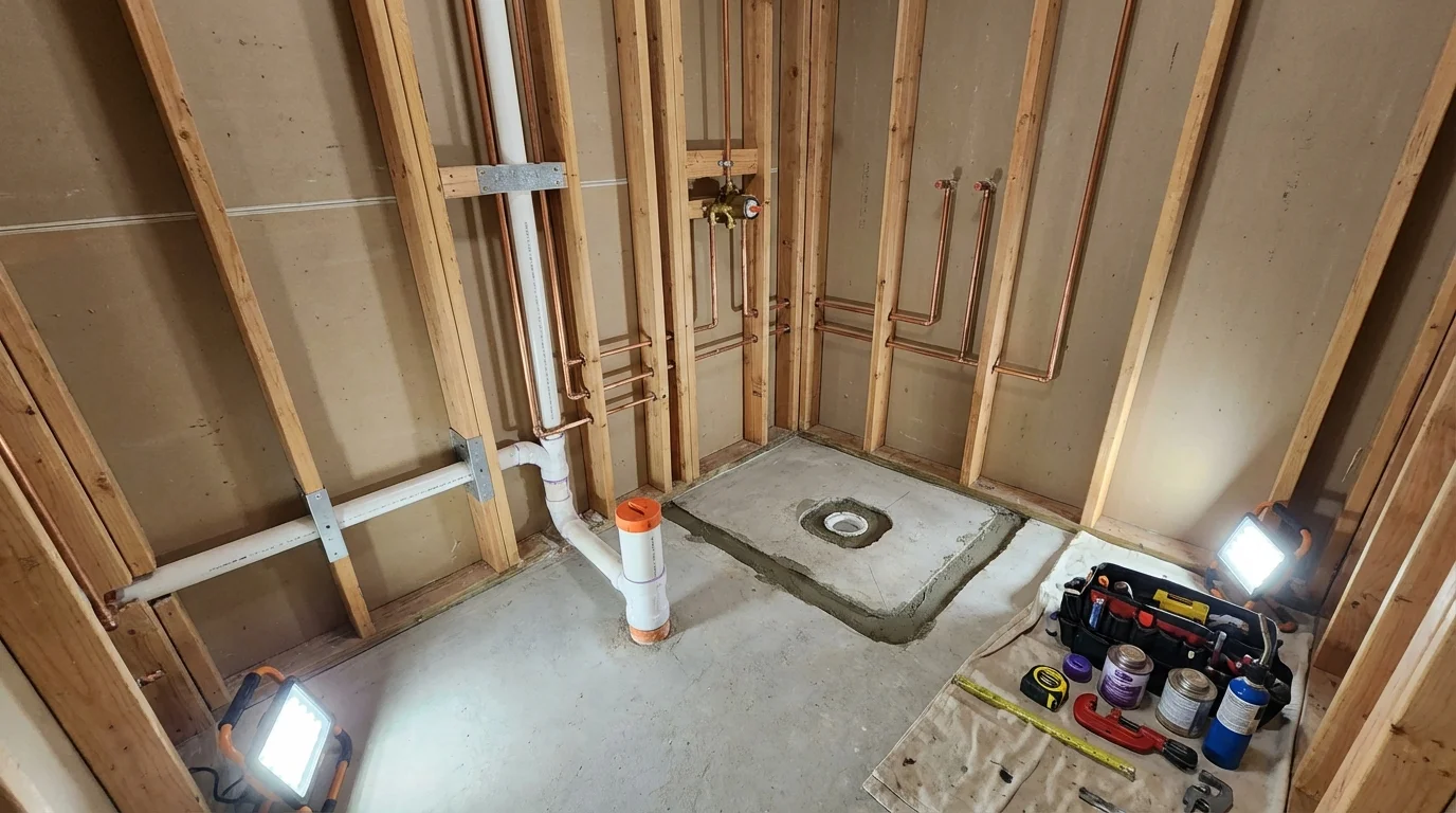 Bathroom rough-in plumbing during remodel by Johns Plumbing LLC in Lincroft