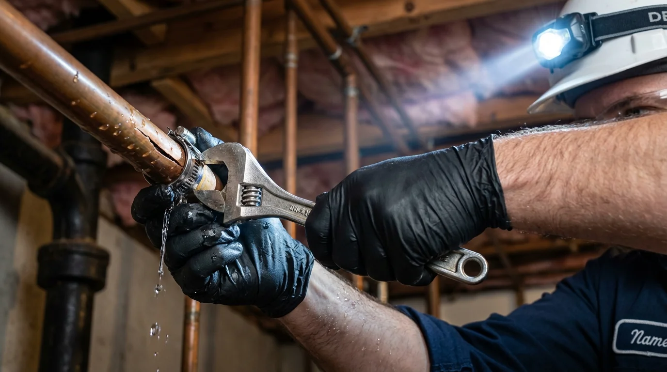 Emergency pipe clamp repair being performed by a Johns Plumbing LLC plumber in Lincroft