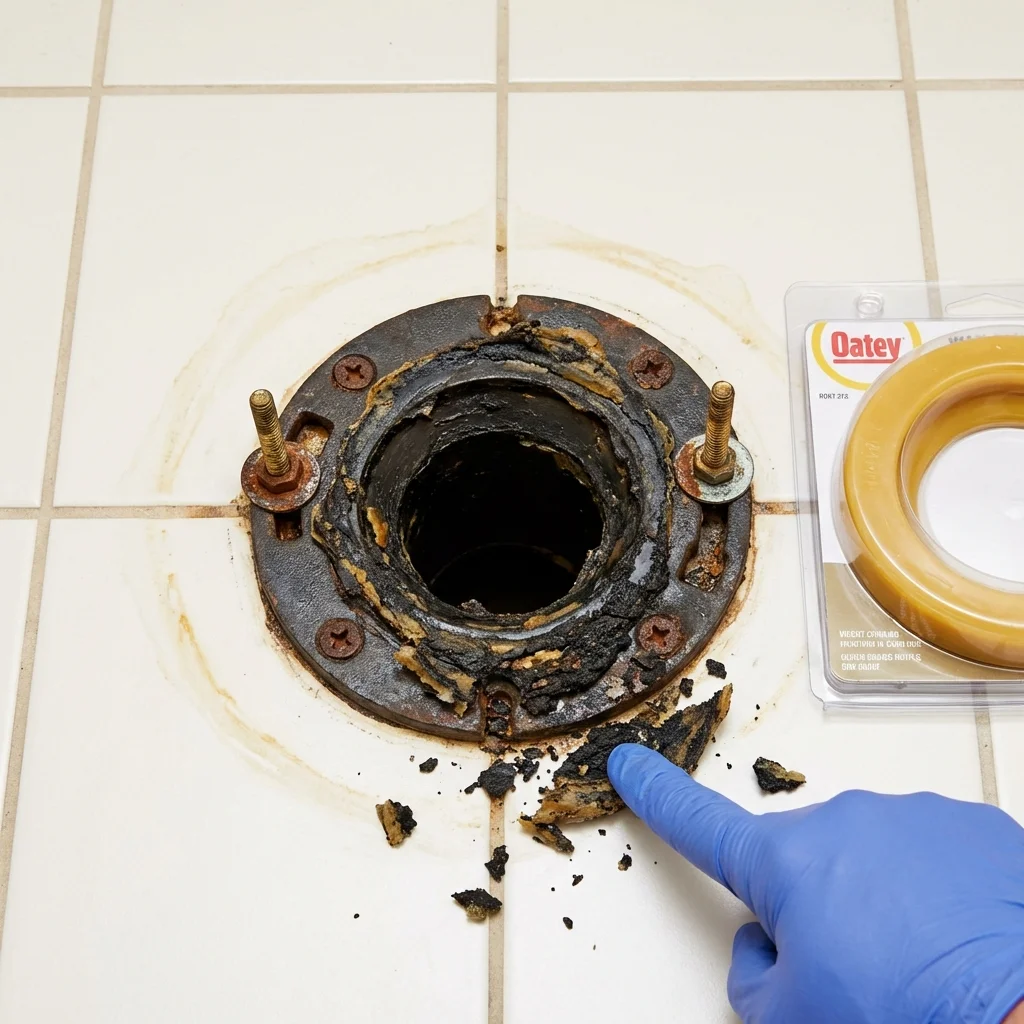Failed wax ring showing water seepage at the base of a toilet in a Lincroft, NJ home