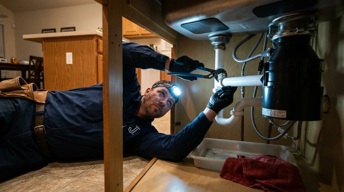 P-trap and supply line connections under a kitchen sink showing a common leak point in Lincroft, NJ